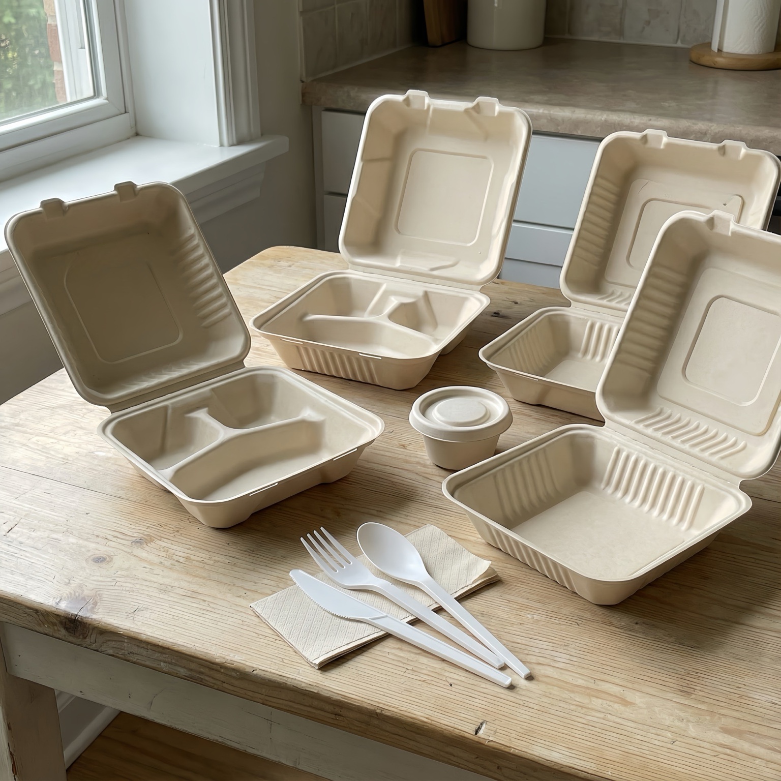 Molded fiber clamshell packaging in a kitchen setting