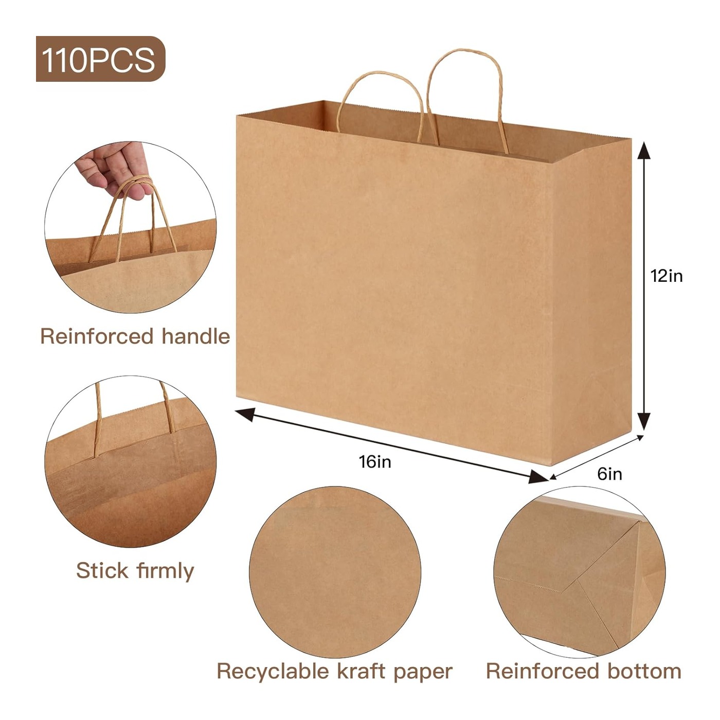 16" x 6" x 12" Kraft Paper Takeout Bag (Twisted Handles) thumbnail 2
