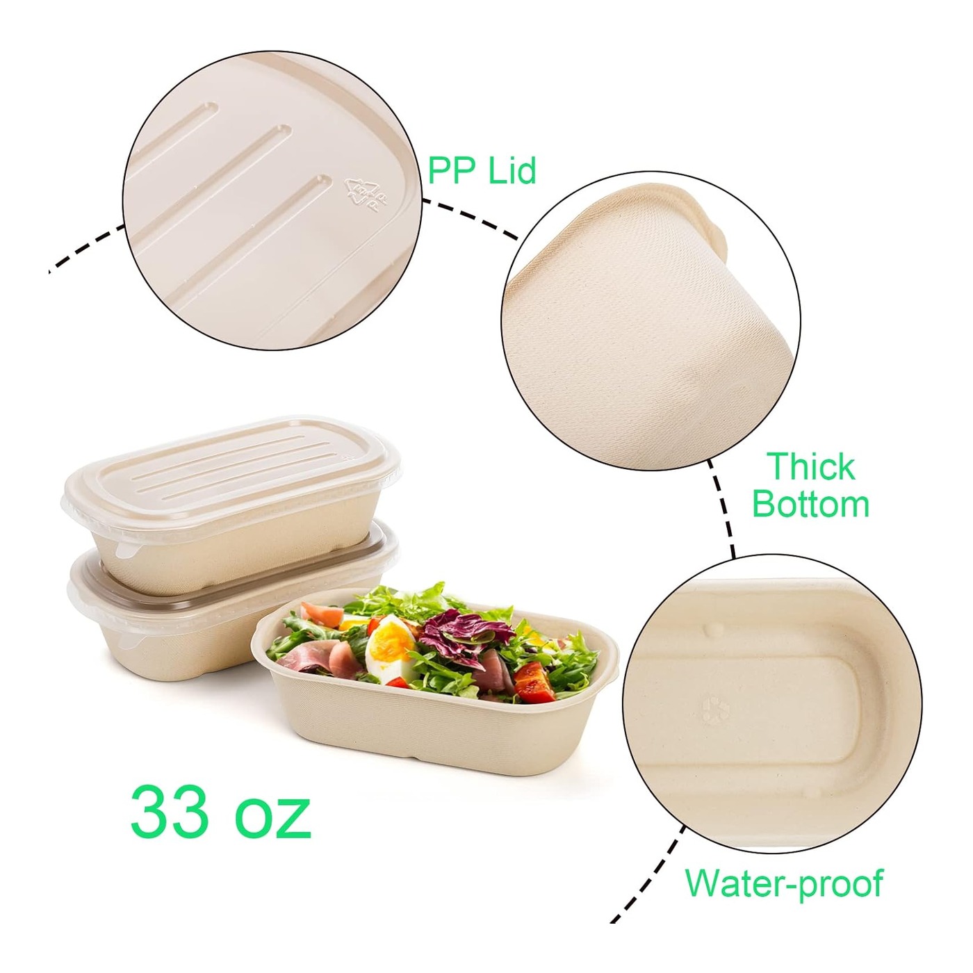 33oz Rectangular Bagasse Bowl Set (PP Lid) thumbnail 2