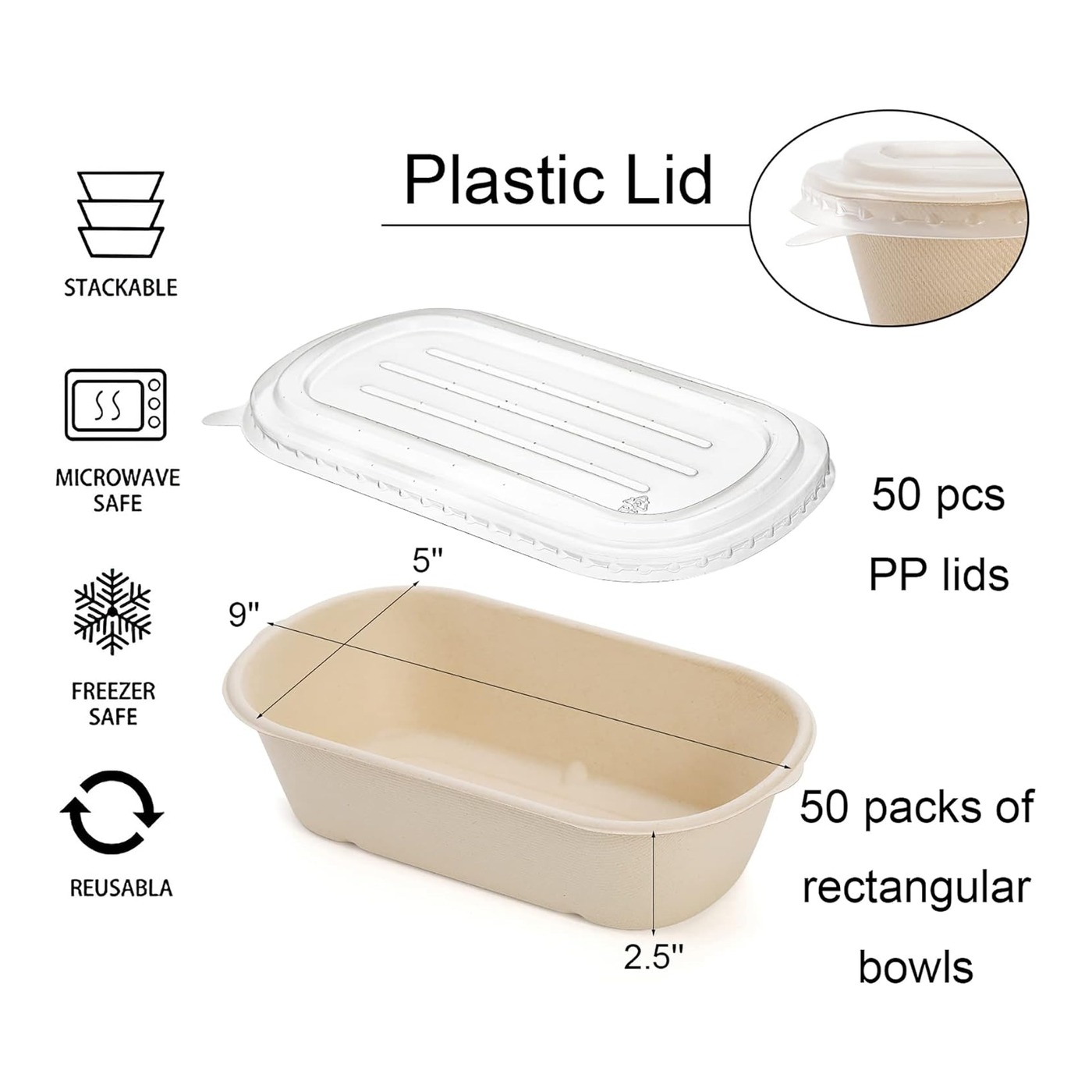 33oz Rectangular Bagasse Bowl Set (PP Lid) thumbnail 3