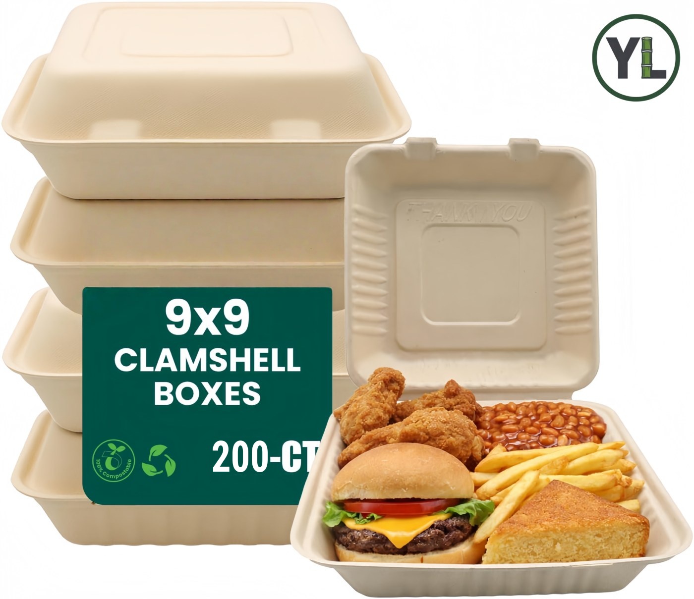 9" x 9" Heavy Duty Clamshell (Natural)