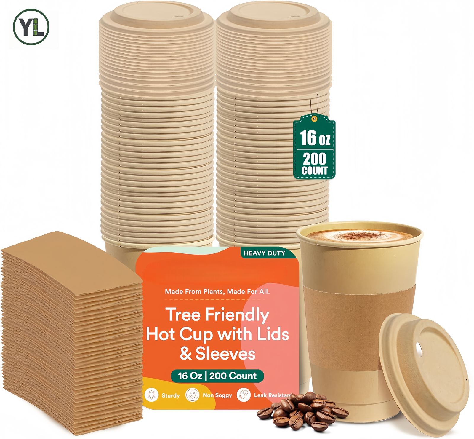 16oz Bagasse Hot Cup Set (Lids + Sleeves)