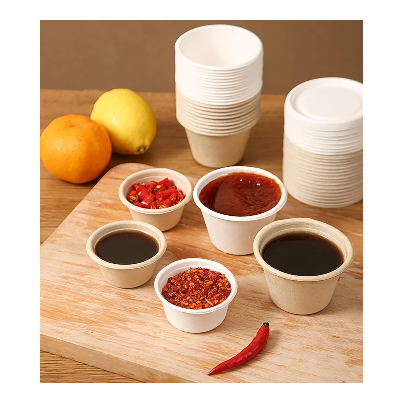 2oz Bagasse Sauce Cup Set (Fiber Lids) thumbnail 4